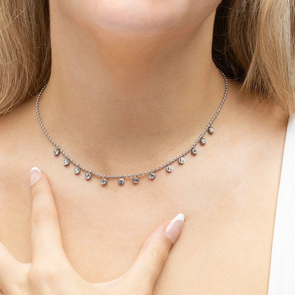 18K Gold PVD Stainless Steal Round Stone Dangle Necklace- silver model