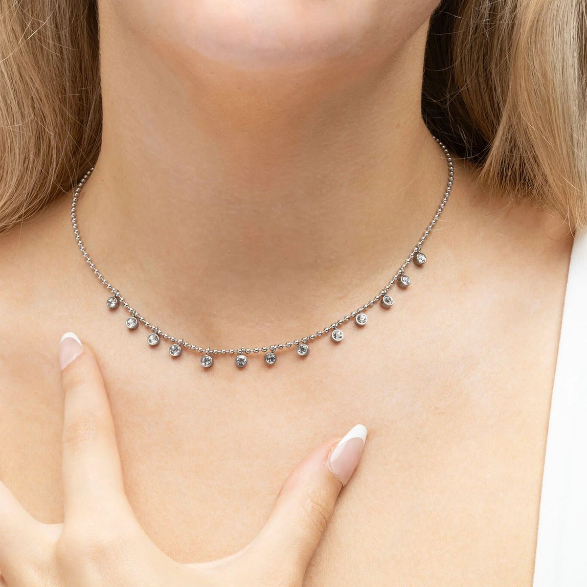 18K Gold PVD Stainless Steal Round Stone Dangle Necklace- silver model