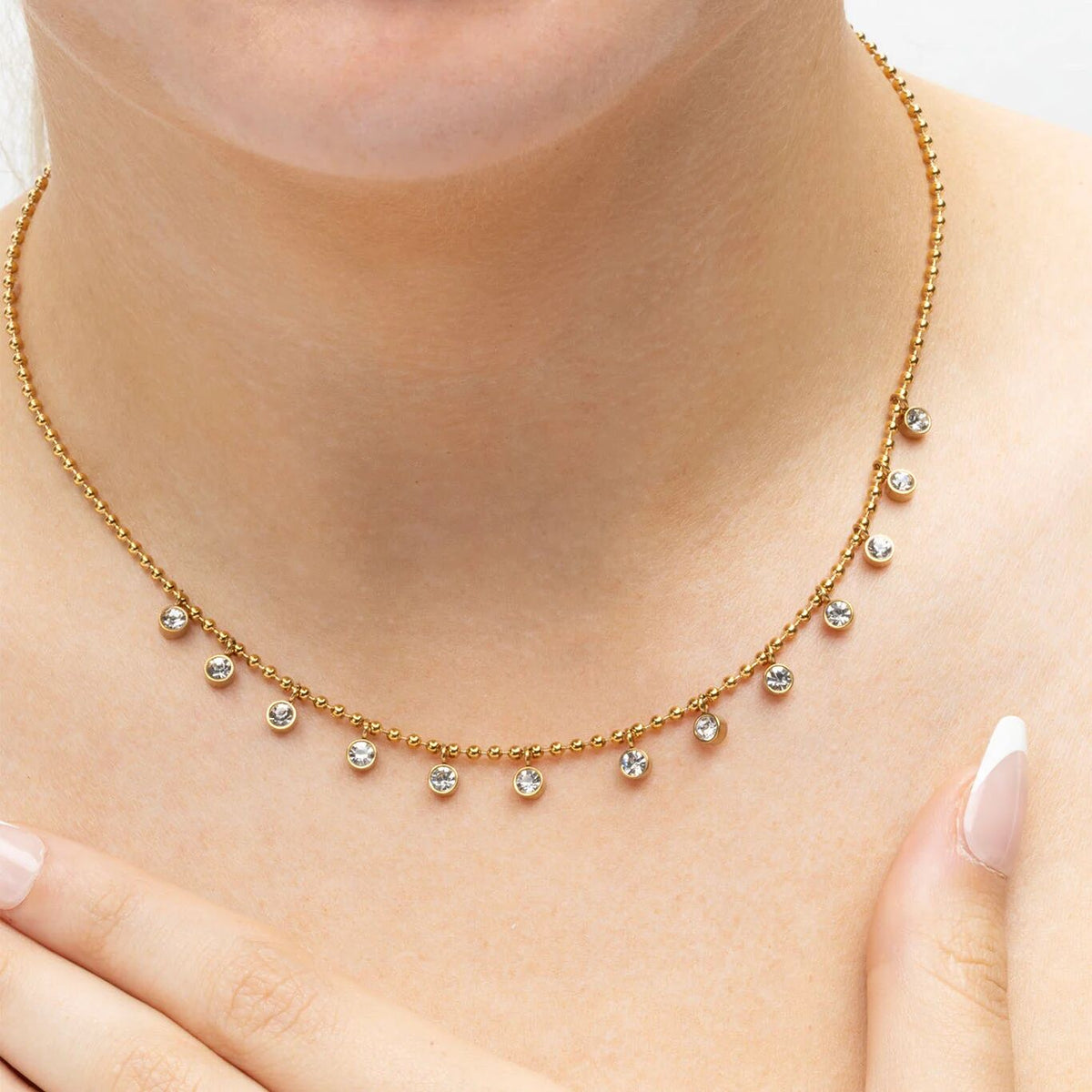 18K Gold PVD Stainless Steal Round Stone Dangle Necklace- gold model