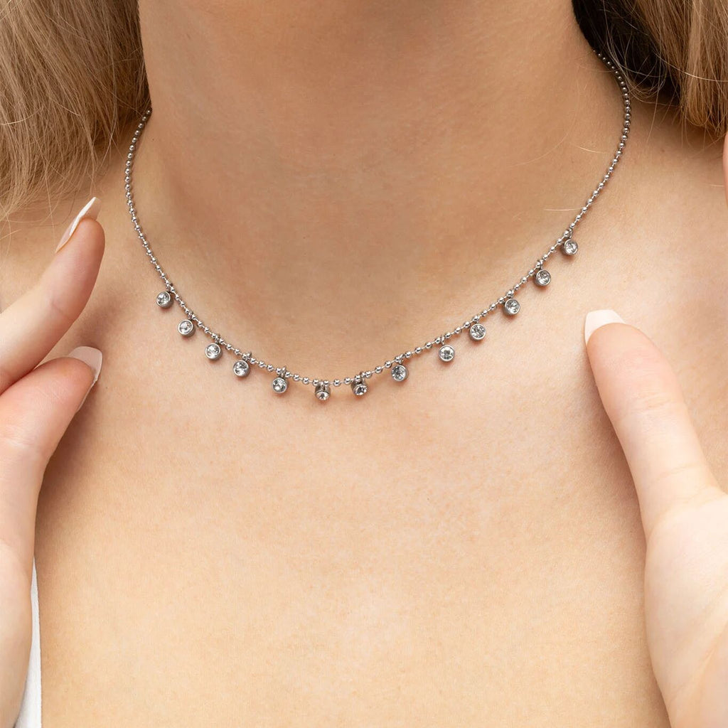 18K Gold PVD Stainless Steal Round Stone Dangle Necklace- silver model