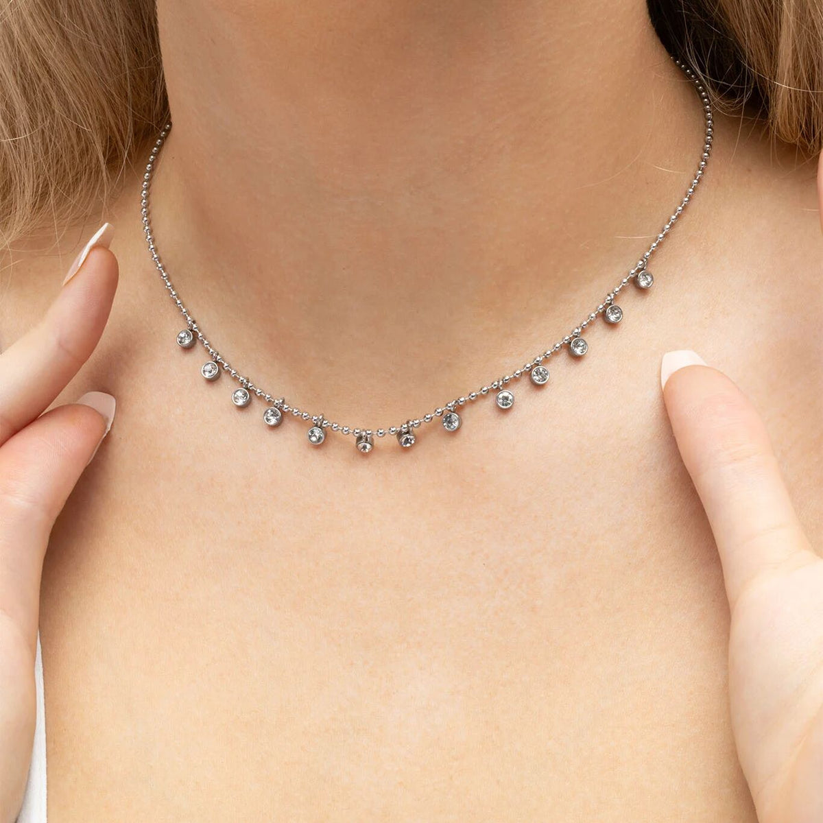 18K Gold PVD Stainless Steal Round Stone Dangle Necklace- silver model