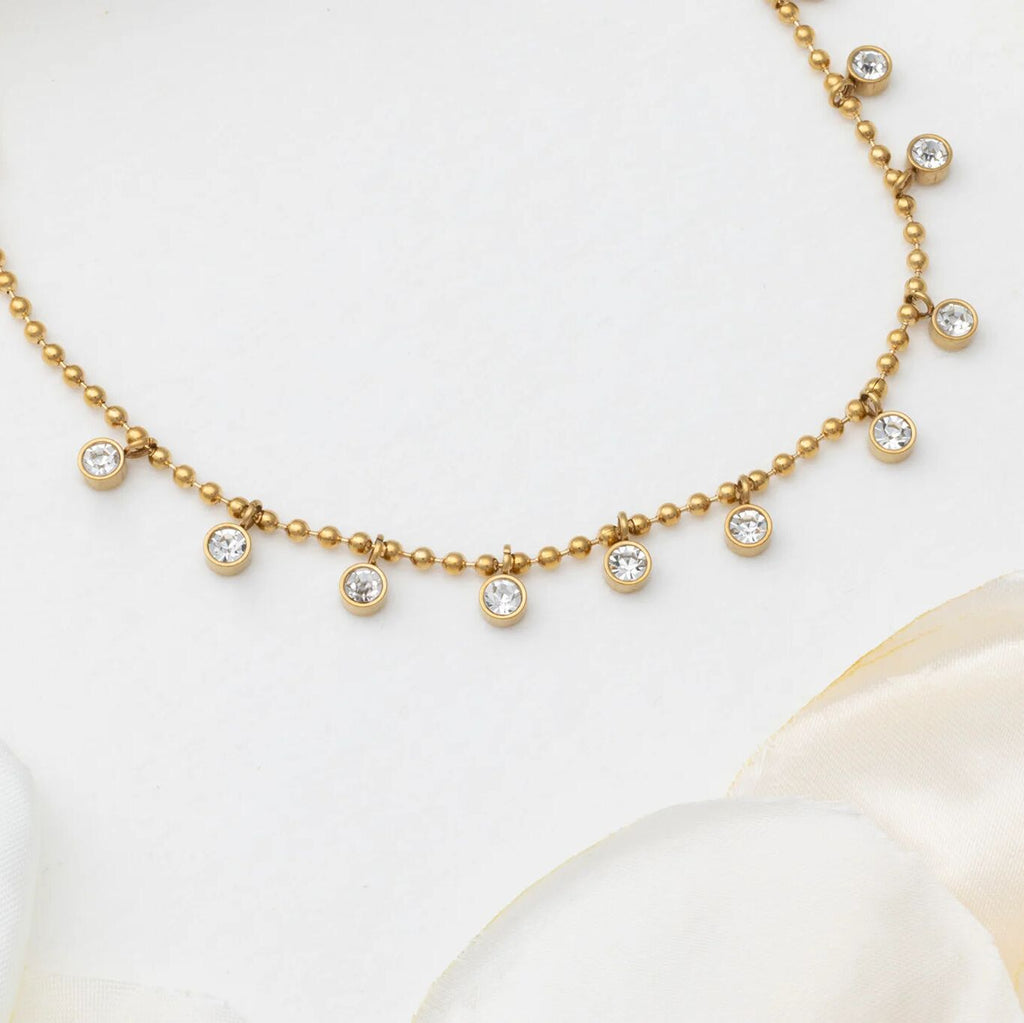 18K Gold PVD Stainless Steal Round Stone Dangle Necklace- gold studio