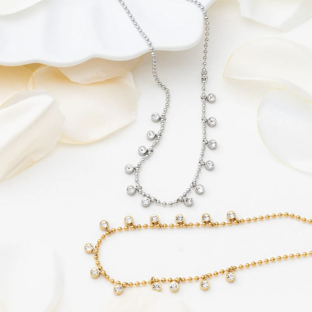 18K Gold PVD Stainless Steal Round Stone Dangle Necklace- silver and gold studio