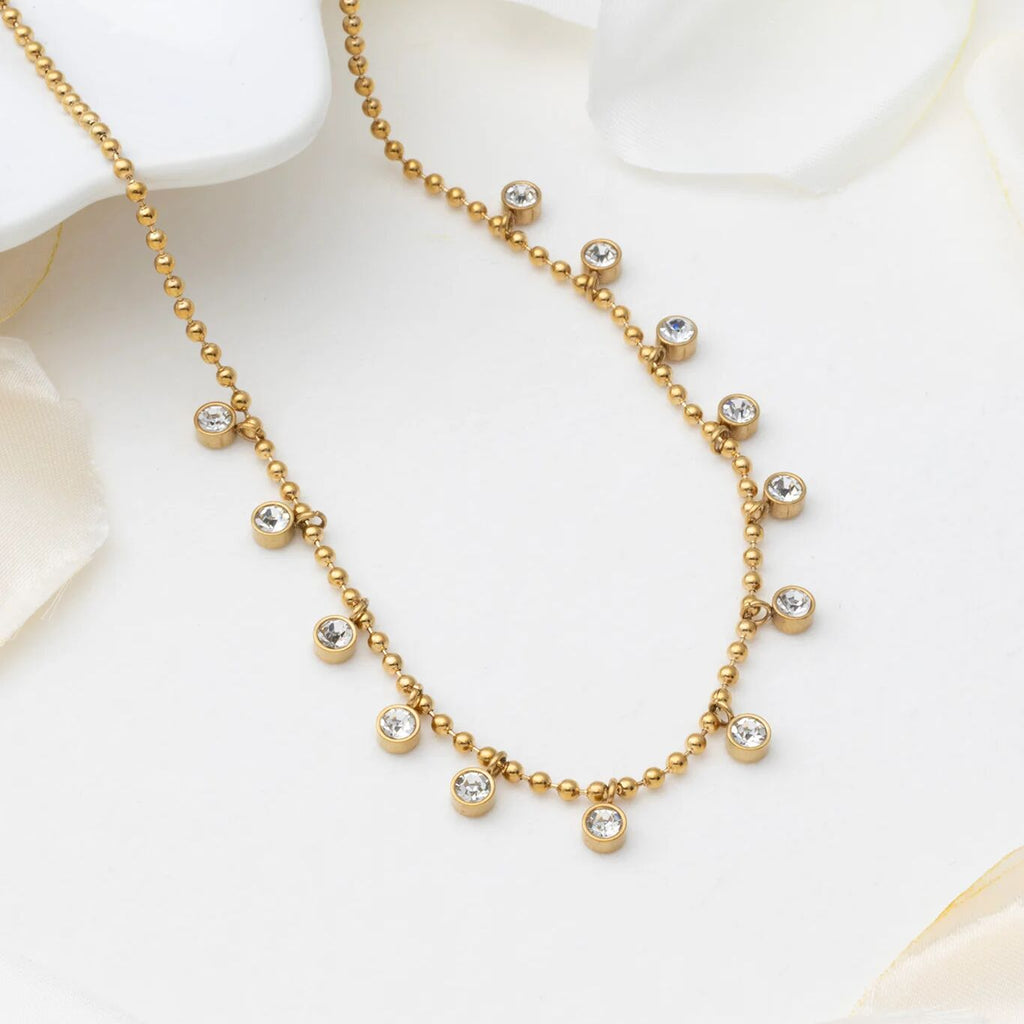 18K Gold PVD Stainless Steal Round Stone Dangle Necklace- gold studio