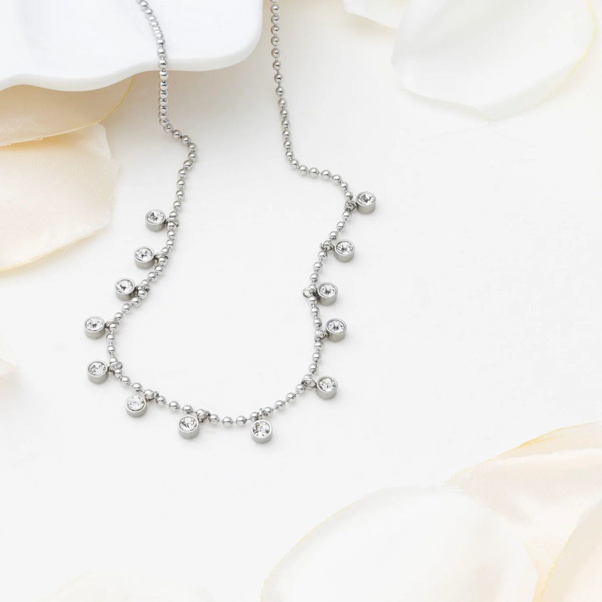 18K Gold PVD Stainless Steal Round Stone Dangle Necklace- silver studio
