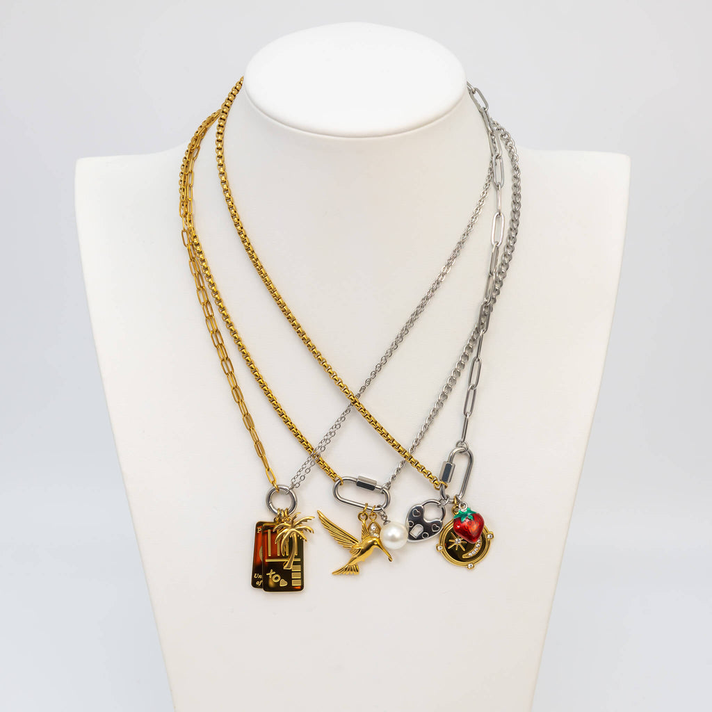 Gold Stainless Steel Necklace – 18K Mixed Metal Double Chain With Carabiner Charm Holder - Charm holder | Sunflower Soul Boutique