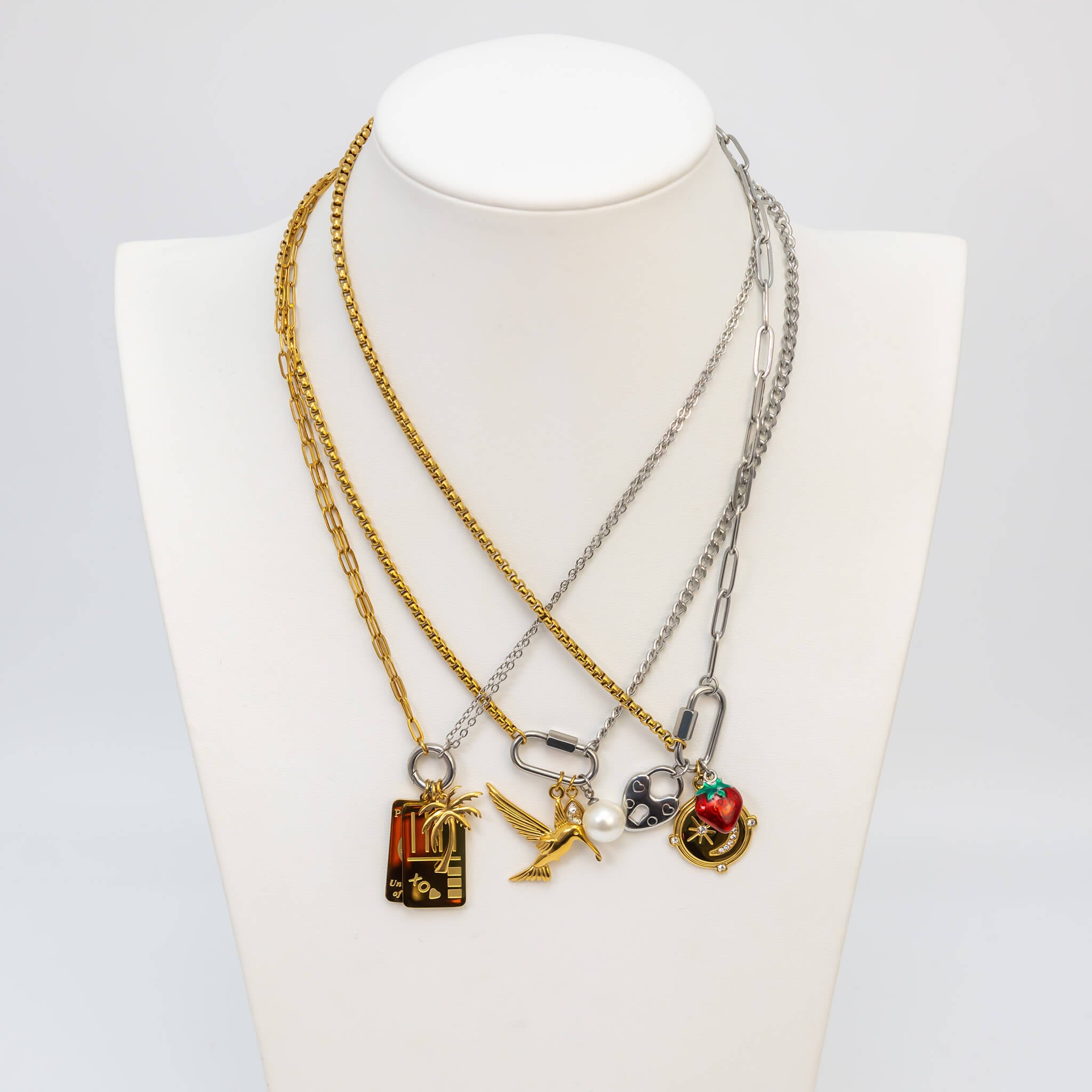Gold Stainless Steel Necklace – 18K Mixed Metal Double Chain With Carabiner Charm Holder - Charm holder | Sunflower Soul Boutique