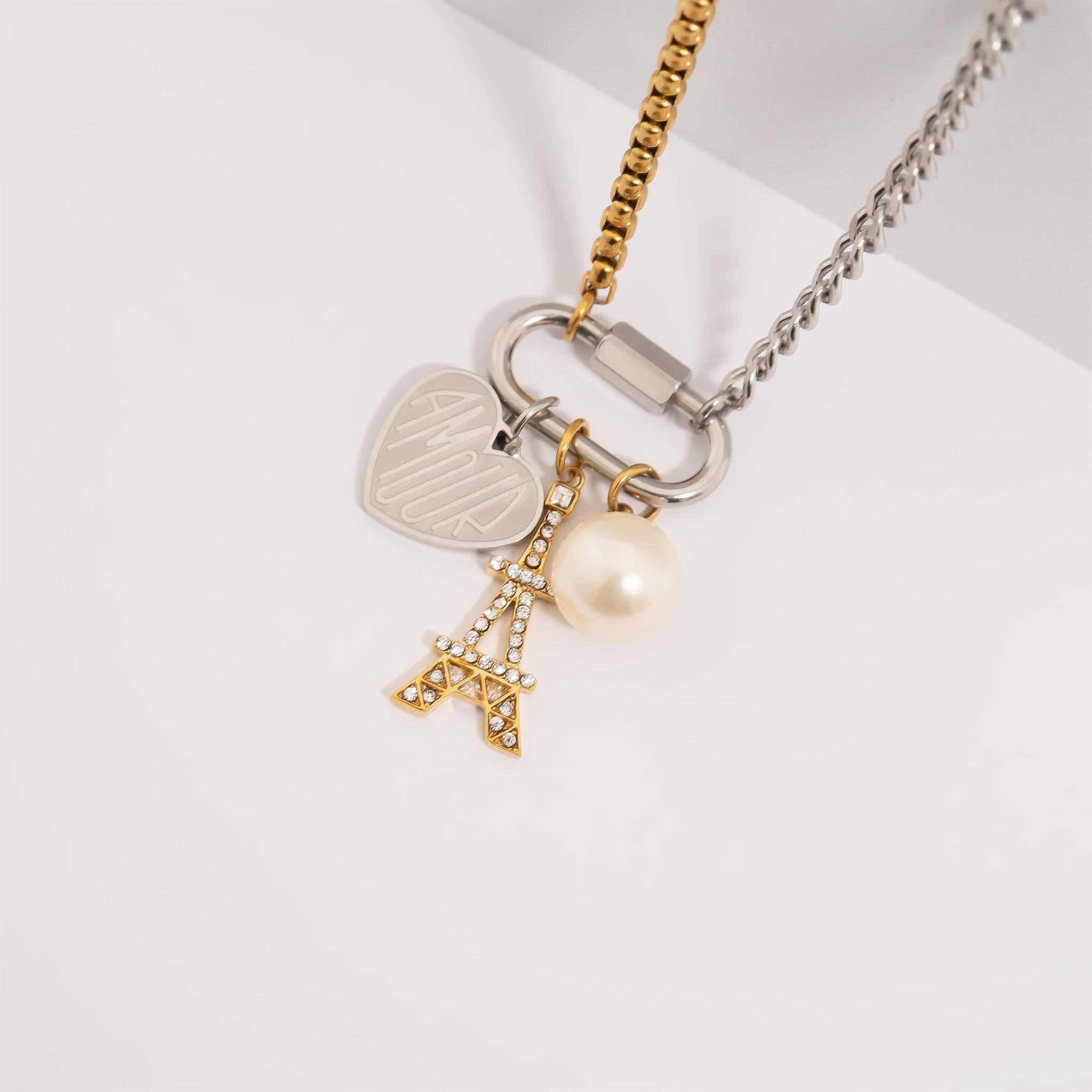 Gold Stainless Steel Necklace – 18K Mixed Metal Double Chain With Carabiner Charm Holder - Charm holder | Sunflower Soul Boutique