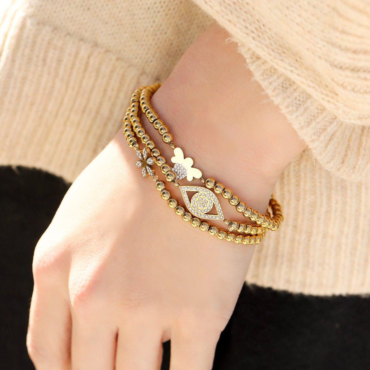 Gold Stretch Bracelet – 18K Gold Coated Metal Beaded Bee Charm - Bracelets | Sunflower Soul Boutique