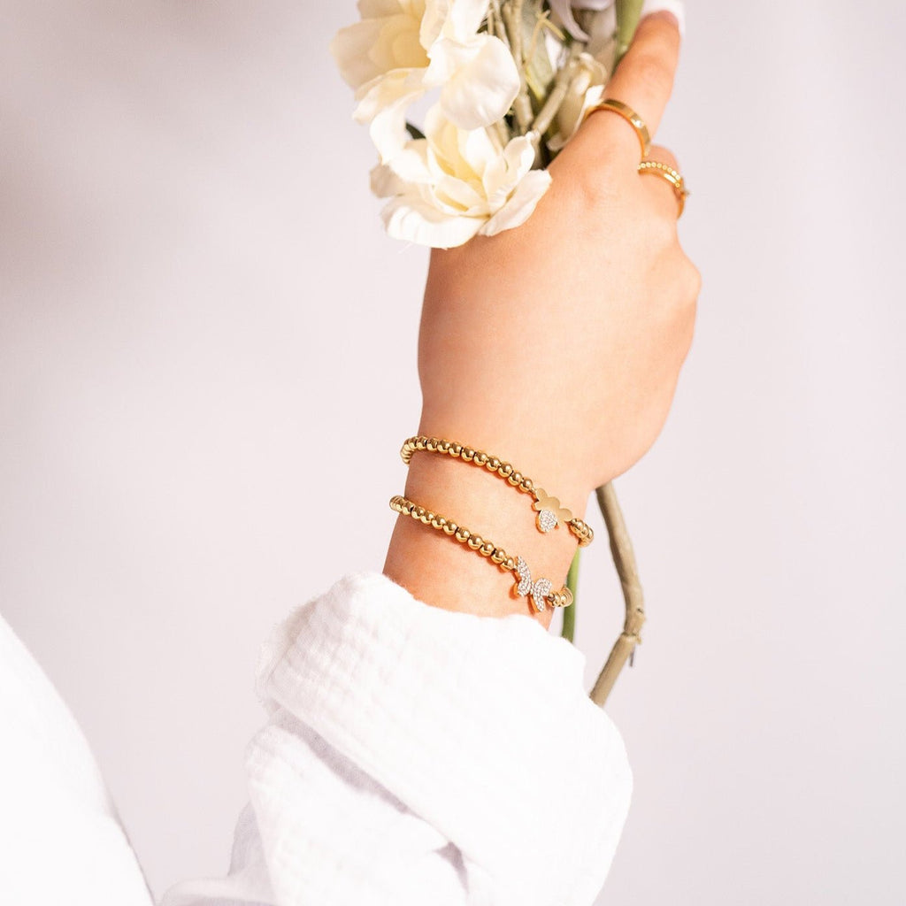 Gold Stretch Bracelet – 18K Gold Coated Metal Beaded Bee Charm - Bracelets | Sunflower Soul Boutique