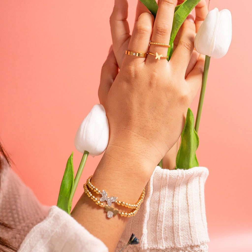 Gold Stretch Bracelet – 18K Gold Coated Metal Beaded Bee Charm - Bracelets | Sunflower Soul Boutique