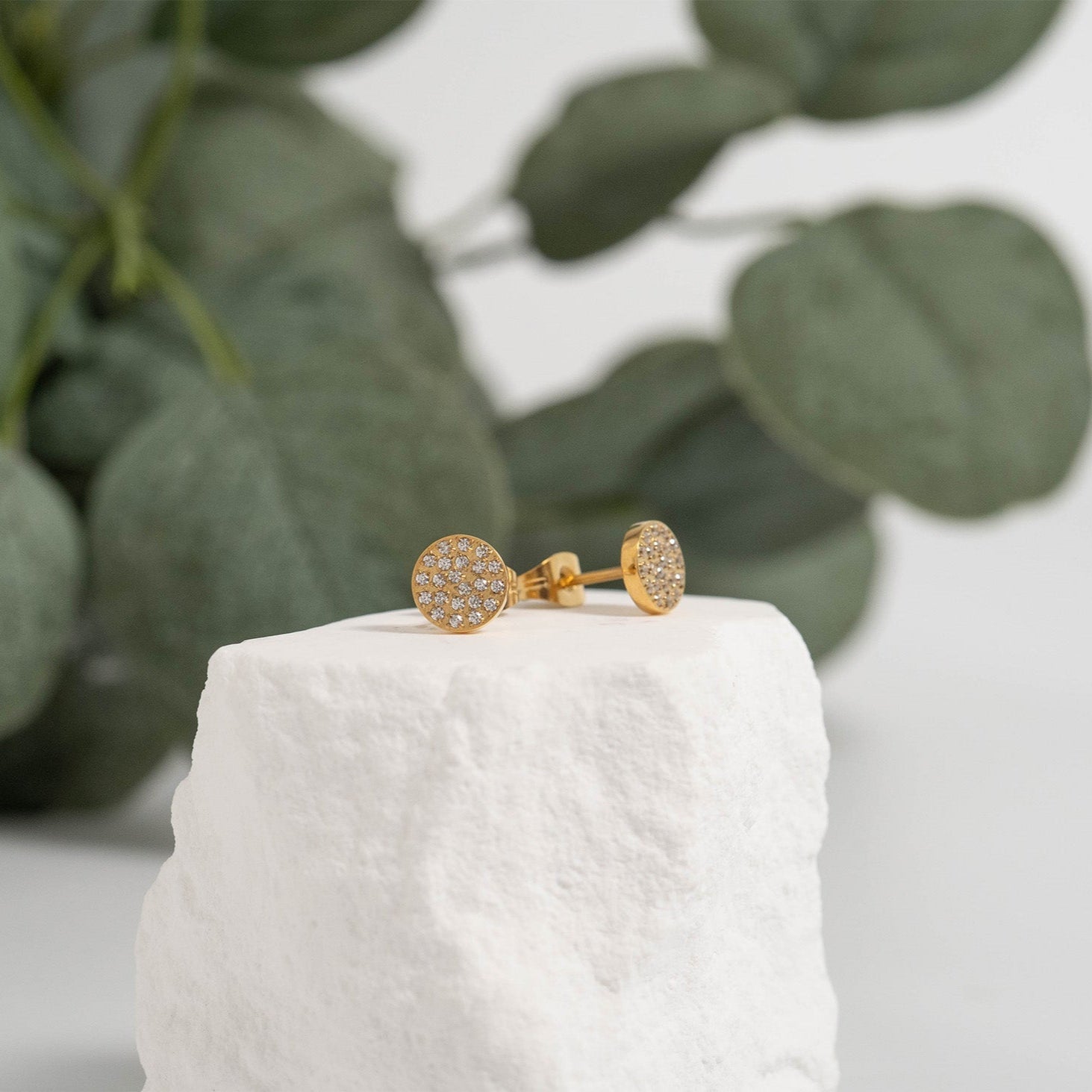 Gold Stud Earrings – 18K Gold Plating | Stainless Steel Pave Stone Studs - Earring | Sunflower Soul Boutique