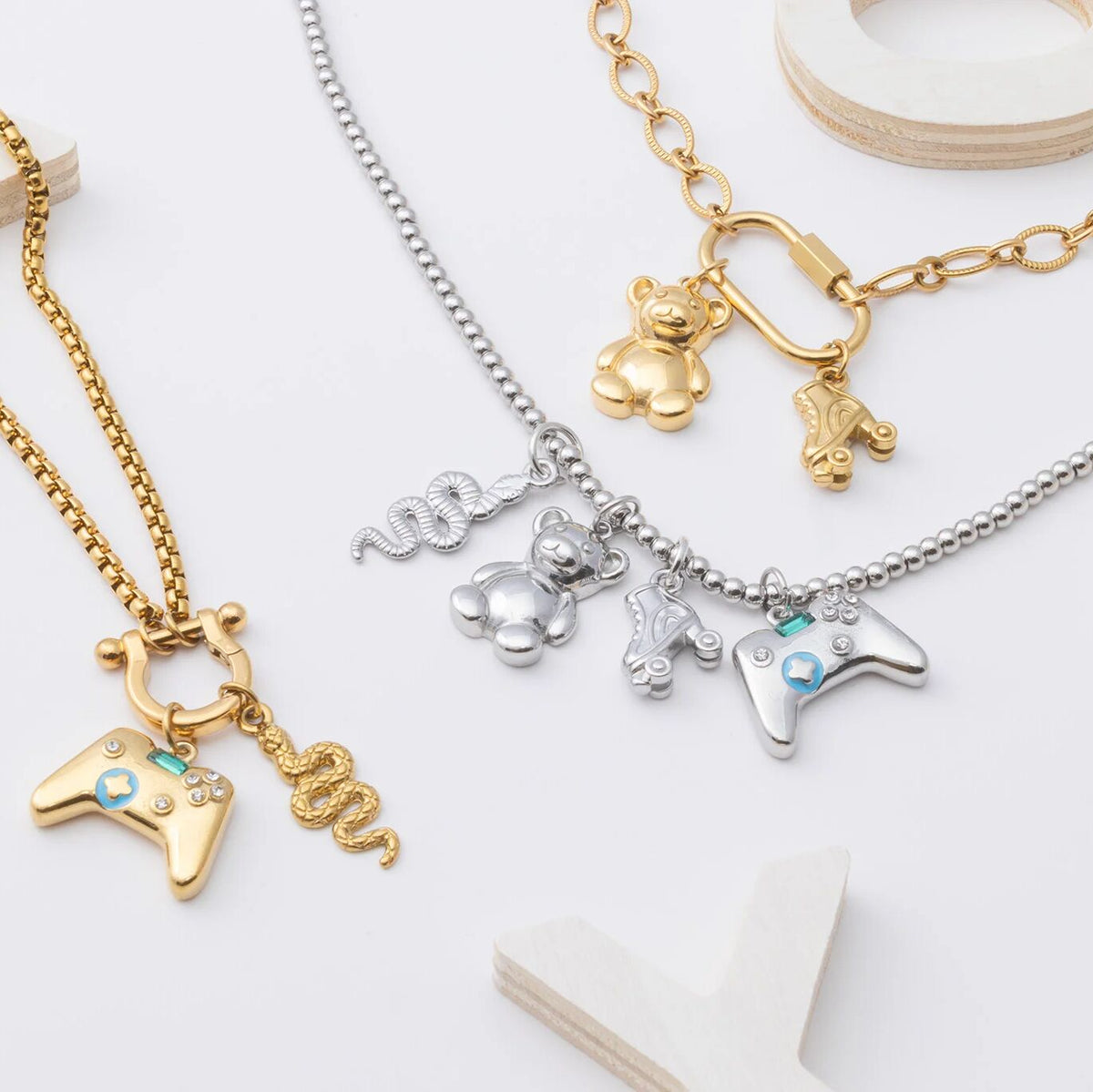 18K Gold PVD Stainless Steel Teddy Bear Charm- silver and gold toy collection 