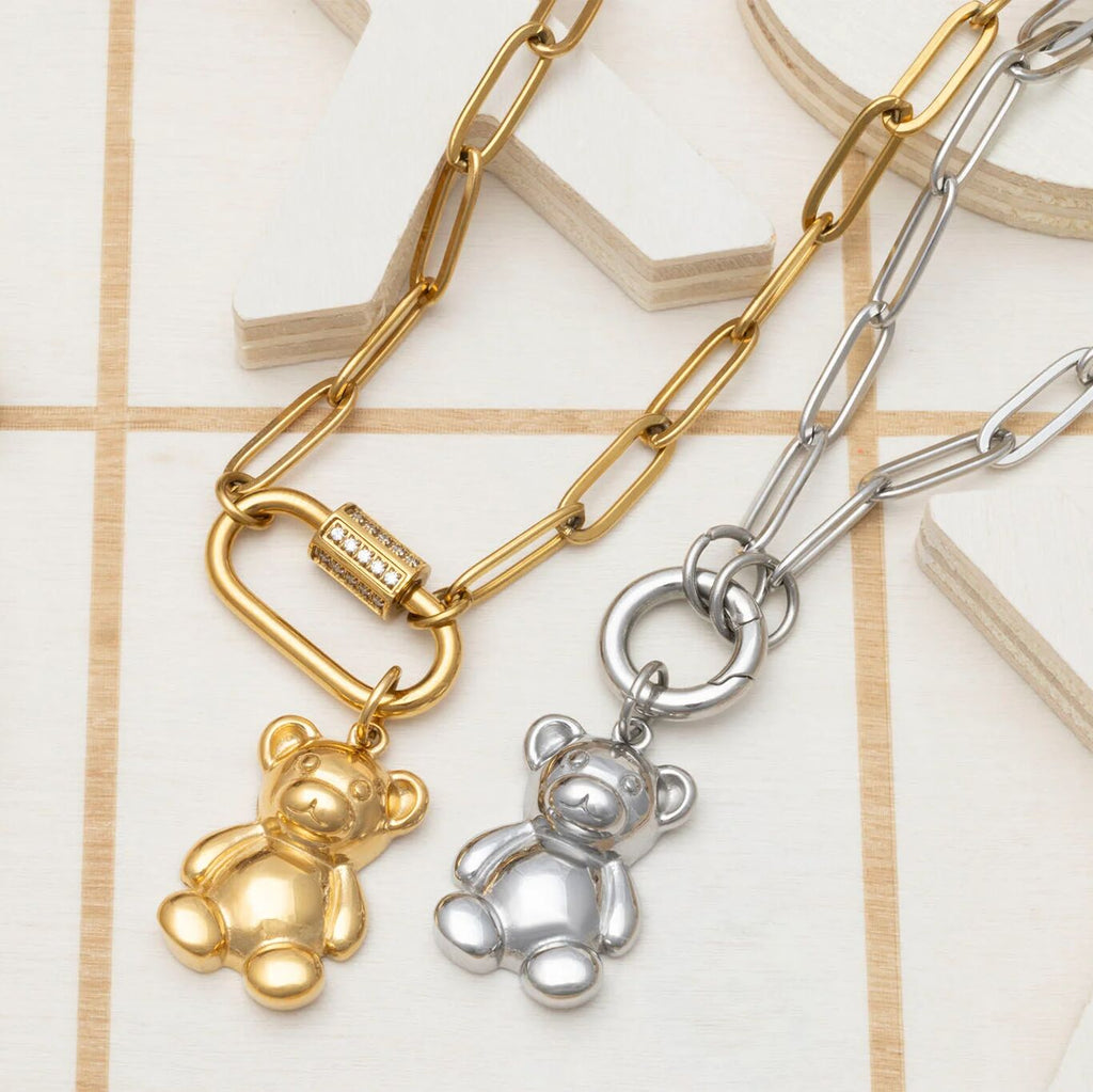 18K Gold PVD Stainless Steel Teddy Bear Charm- gold and silver studio 