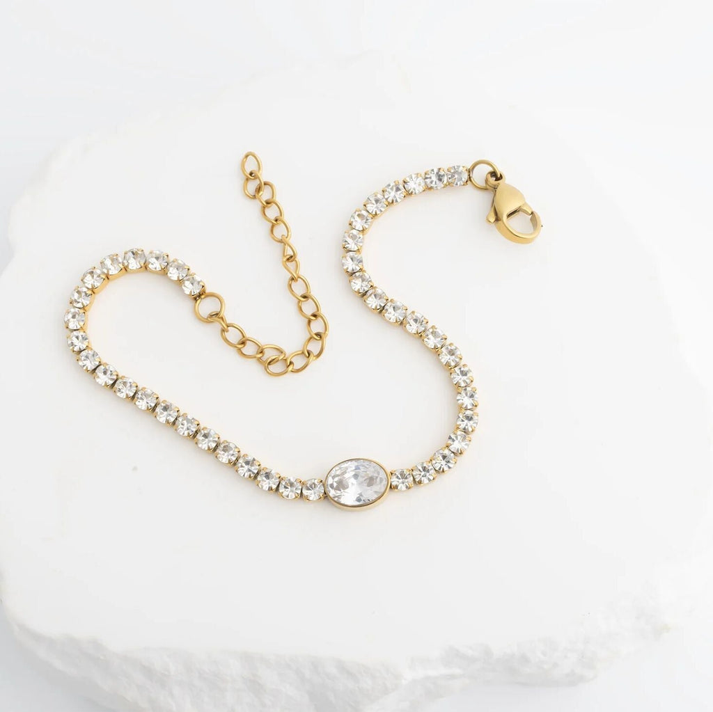 Gold Tennis Bracelet – 18K Gold Jewelry Oval Stone Stainless Steel Bracelet - Bracelets | Sunflower Soul Boutique