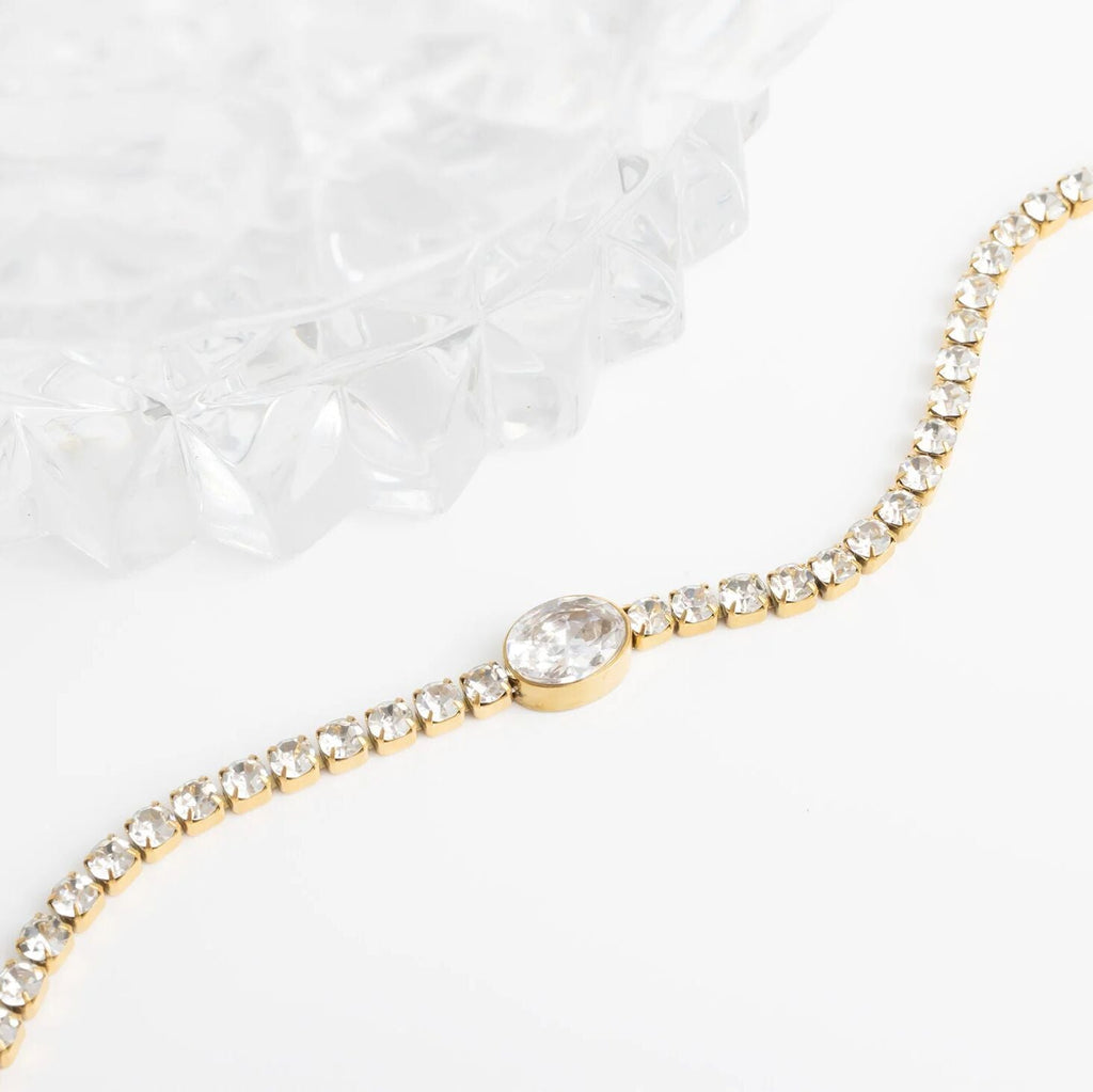 Gold Tennis Bracelet – 18K Gold Jewelry Oval Stone Stainless Steel Bracelet - Bracelets | Sunflower Soul Boutique