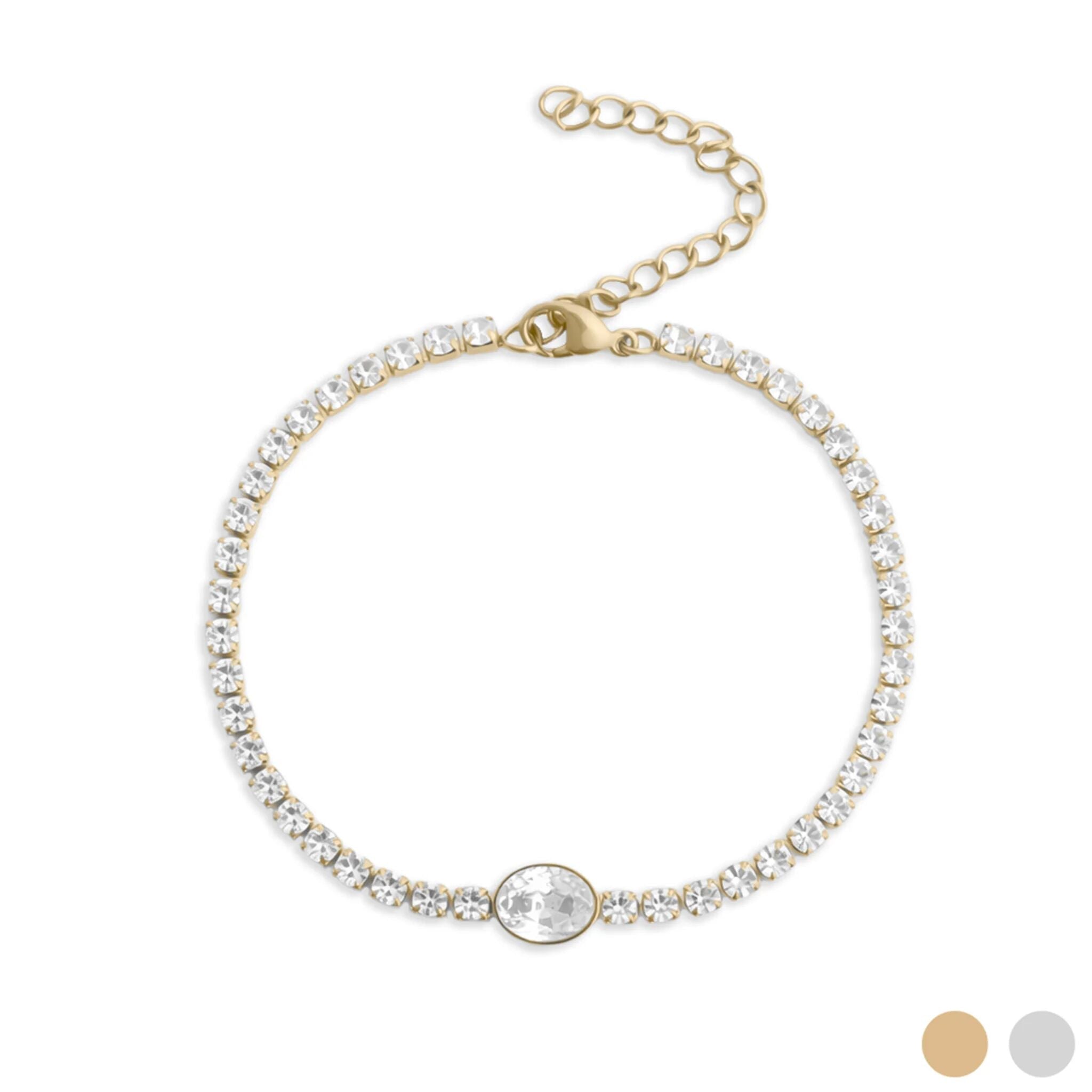 Gold Tennis Bracelet – 18K Gold Jewelry Oval Stone Stainless Steel Bracelet - Bracelets | Sunflower Soul Boutique
