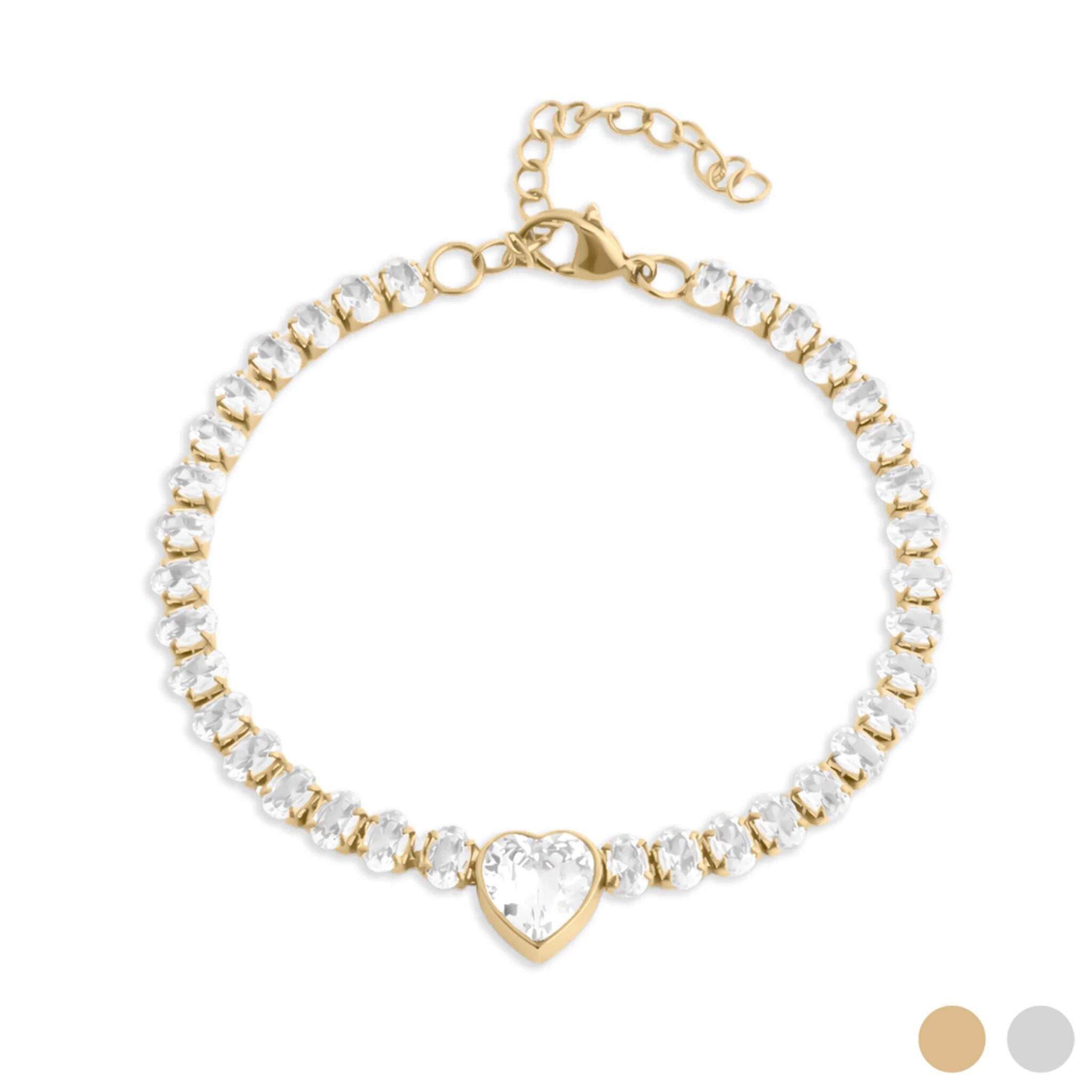 Gold Tennis Bracelet – Heart CZ Marquis Cut Stone | Stainless Steel Box Clasp - Bracelets | Sunflower Soul Boutique