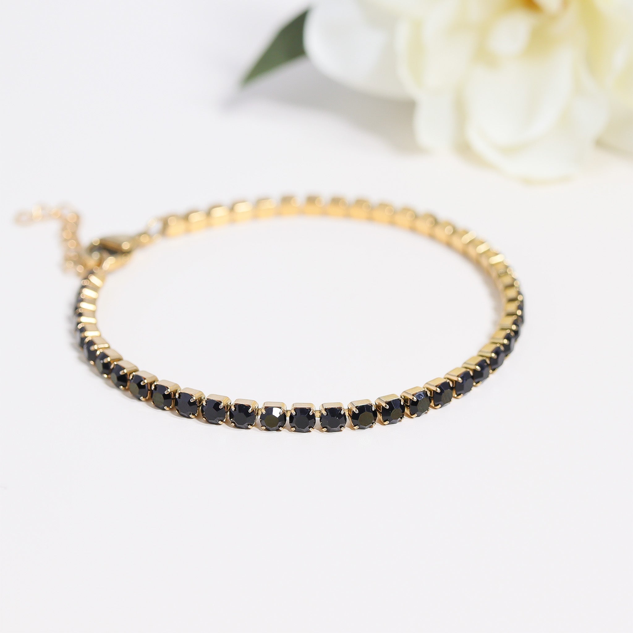Gold Tennis Chain Bracelet – Adjustable 18K Gold Plated Stainless Steel With Jet Rhinestones - Bracelets | Sunflower Soul Boutique