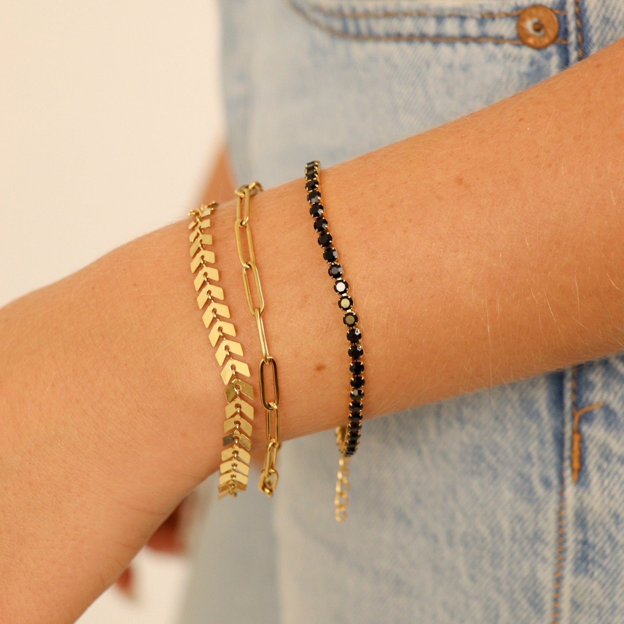 Gold Tennis Chain Bracelet – Adjustable 18K Gold Plated Stainless Steel With Jet Rhinestones - Bracelets | Sunflower Soul Boutique