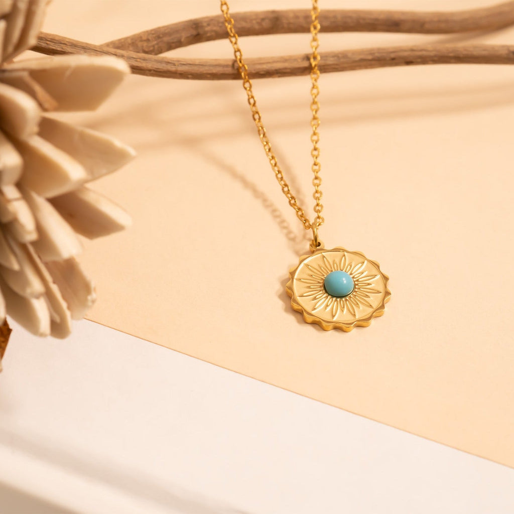 Gold Turquoise Pendant – 18K Gold Necklace | Waterproof Floral Charm - charm | Sunflower Soul Boutique
