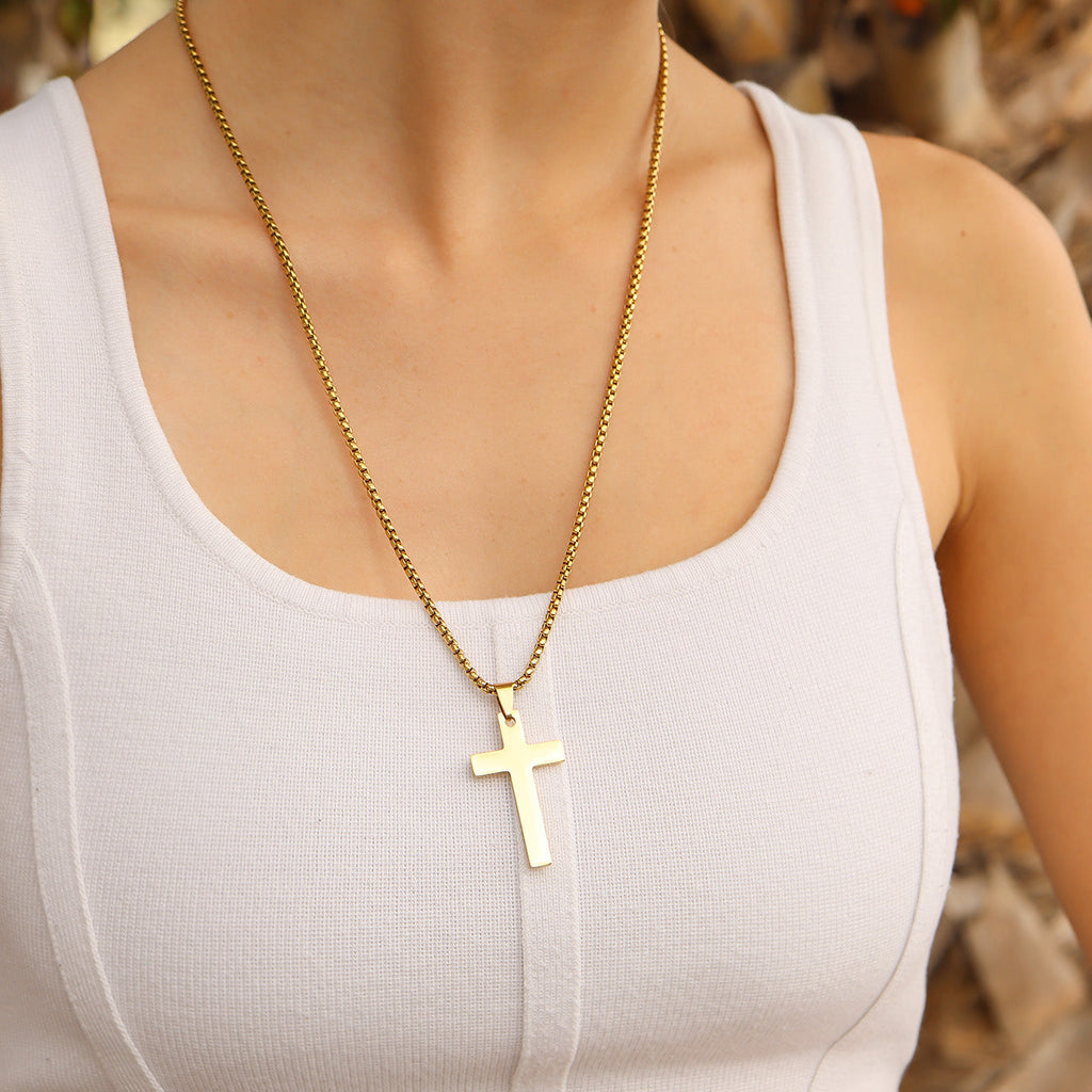 Gold Cross Pendant – 18K PVD Stainless Steel Necklace With Rounded Box Chain