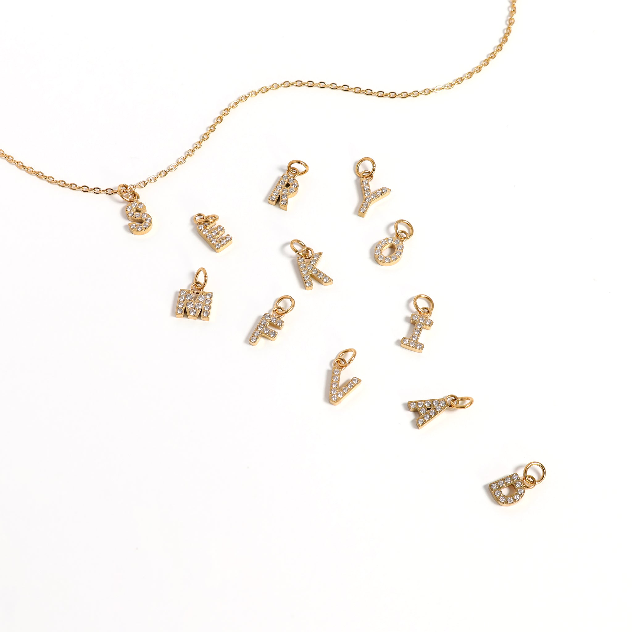 Gold Initial Letter Charms – 18K Gold Plated Pavé Set CZ Stainless Steel Jewelry