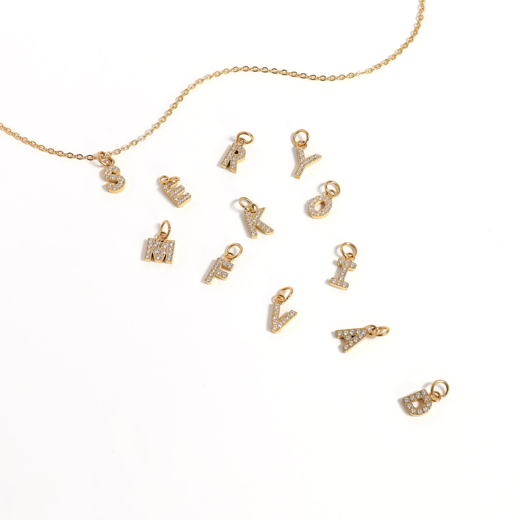 18k Gold Initial Charms – Pave CZ Letter Pendants | Stainless Steel, Hypoallergenic