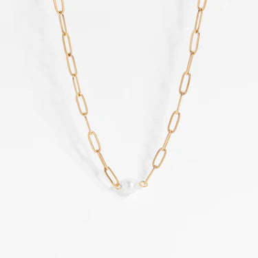 18K Gold PVD Stainless Steel Paperclip Necklace With Pearl