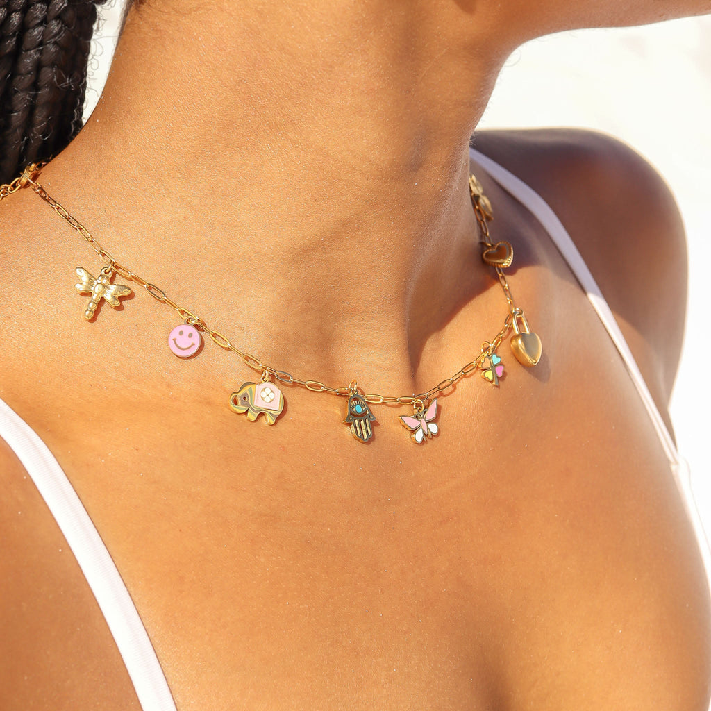 Butterfly Charm 18K Gold PVD Coated Stainless Steel Pink White Epoxy Pendant