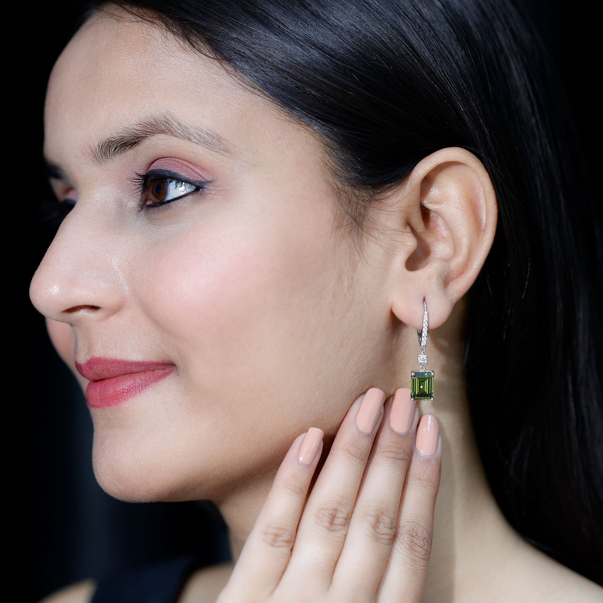 Green Sapphire Drop Earrings - Lab Grown Emerald Cut Silver Jewelry With Moissanite