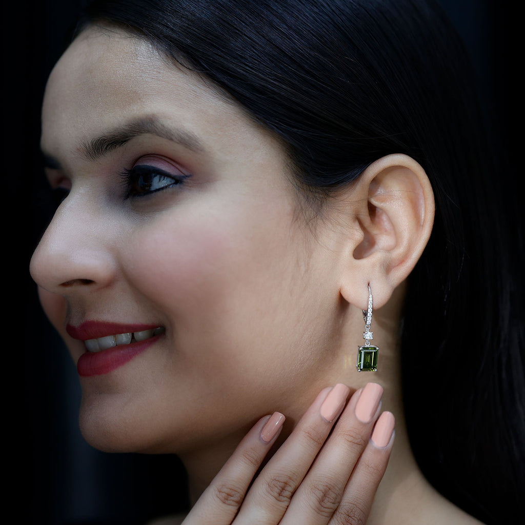 Green Sapphire Drop Earrings - Lab Grown Emerald Cut Silver Jewelry With Moissanite