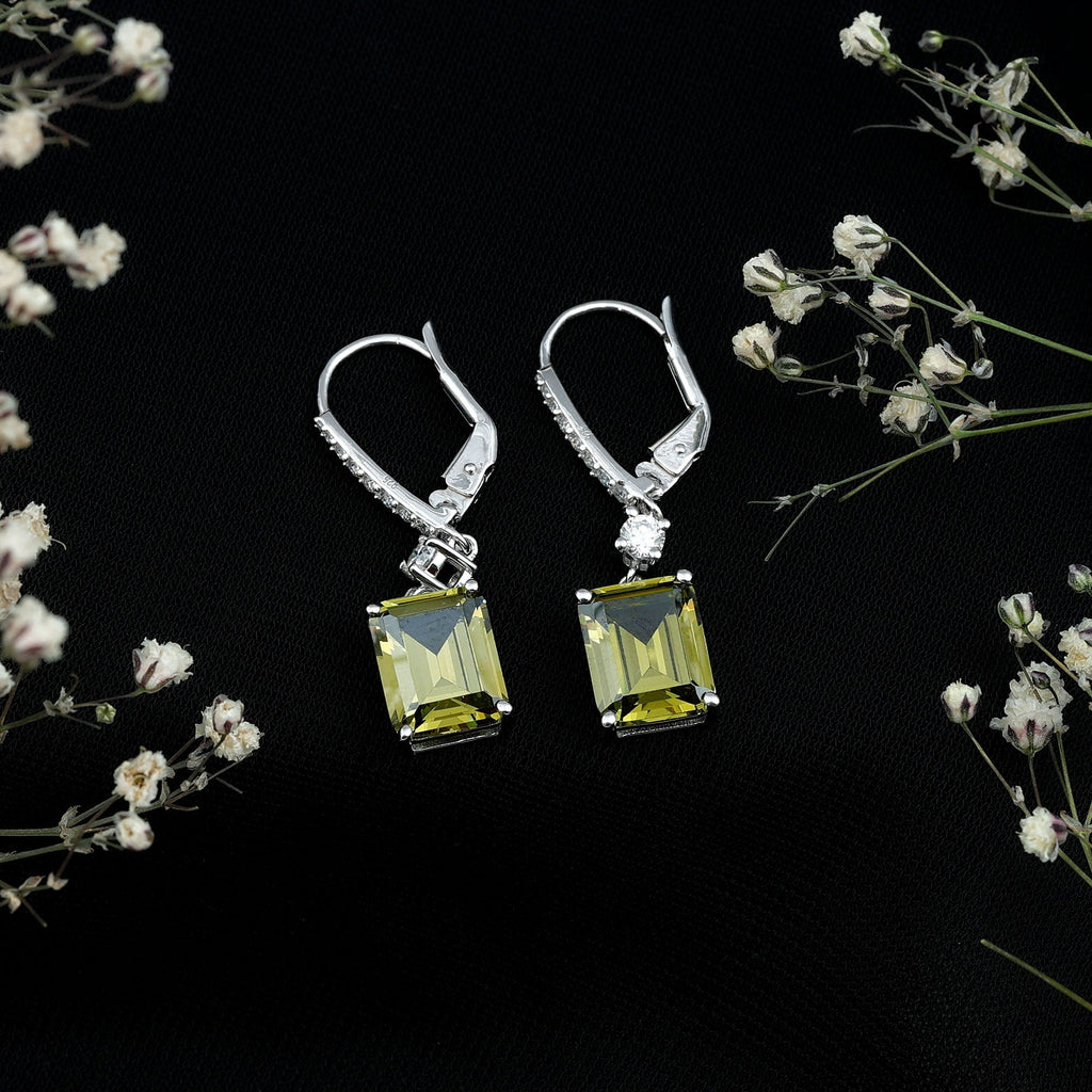 Green Sapphire Drop Earrings - Lab Grown Emerald Cut Silver Jewelry With Moissanite