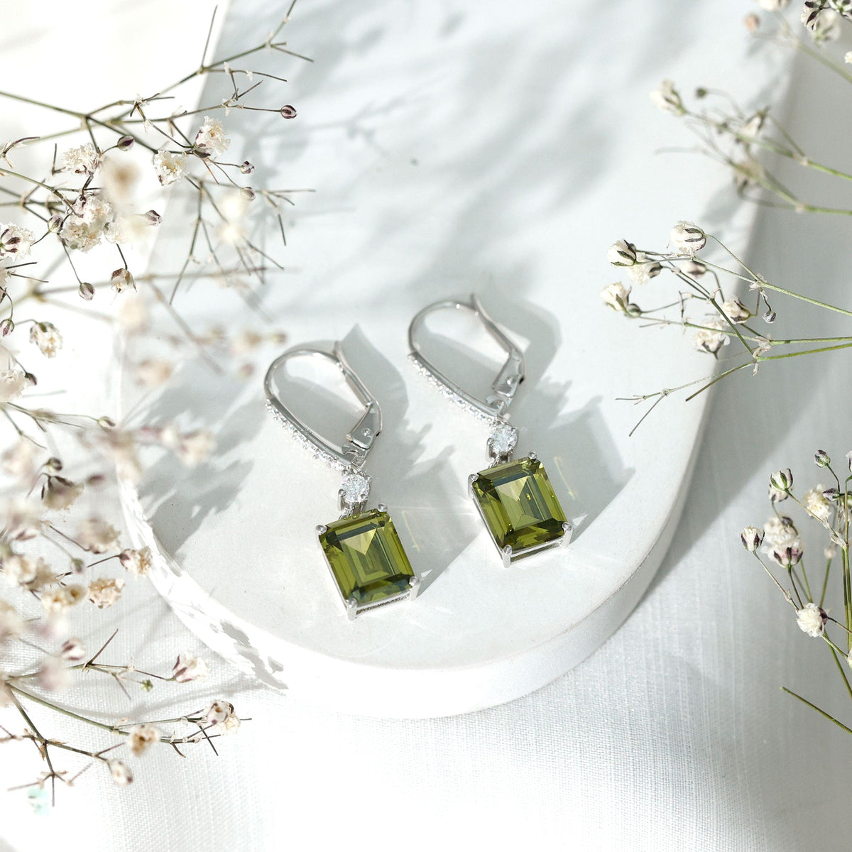Green Sapphire Drop Earrings - Lab Grown Emerald Cut Silver Jewelry With Moissanite