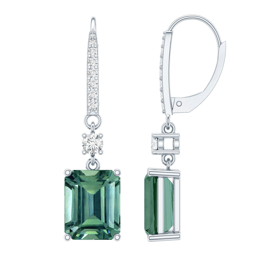 Green Sapphire Drop Earrings - Lab Grown Emerald Cut Silver Jewelry With Moissanite