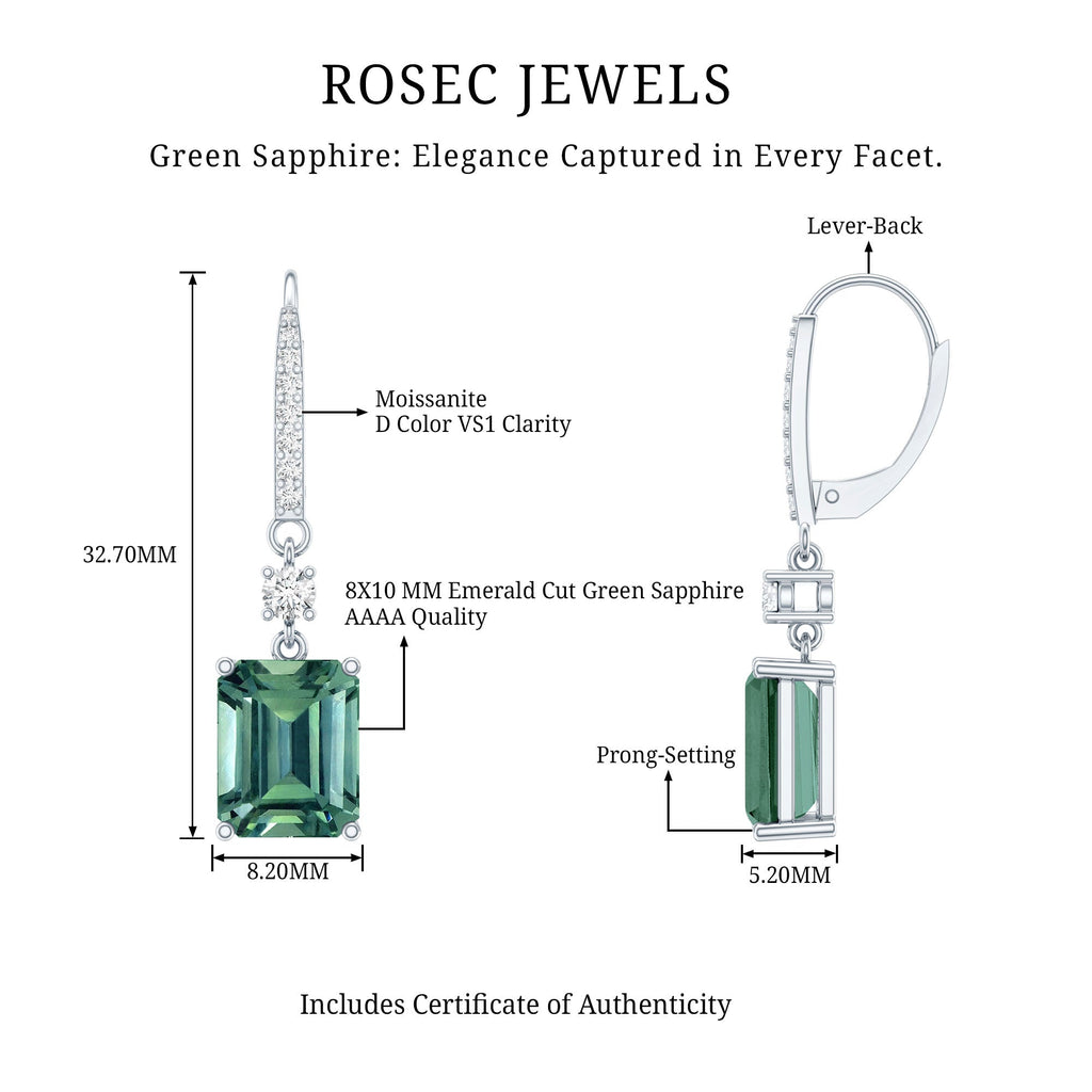 Green Sapphire Drop Earrings - Lab Grown Emerald Cut Silver Jewelry With Moissanite