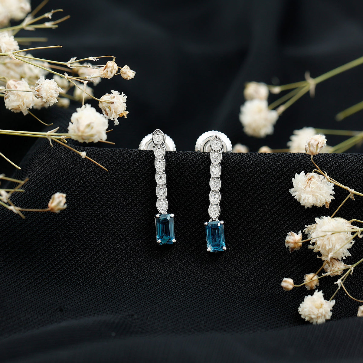 Half Carat Emerald Cut London Blue Topaz Dangle Drop Earrings with Diamond