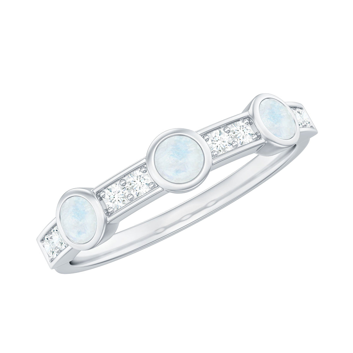 Half Eternity Ring – Moonstone & Diamond Bezel Setting | Lightweight Elegant Jewelry