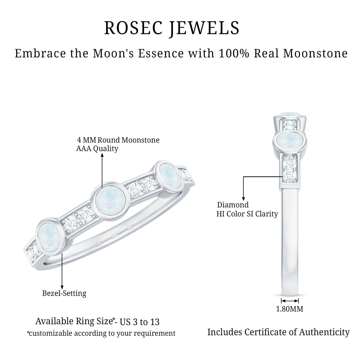Half Eternity Ring – Moonstone & Diamond Bezel Setting | Lightweight Elegant Jewelry