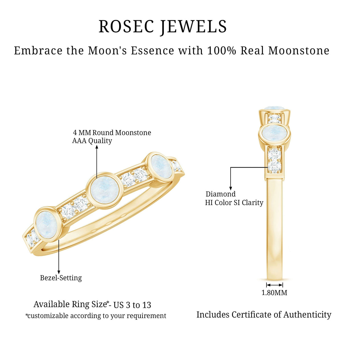 Half Eternity Ring – Moonstone & Diamond Bezel Setting | Lightweight Elegant Jewelry