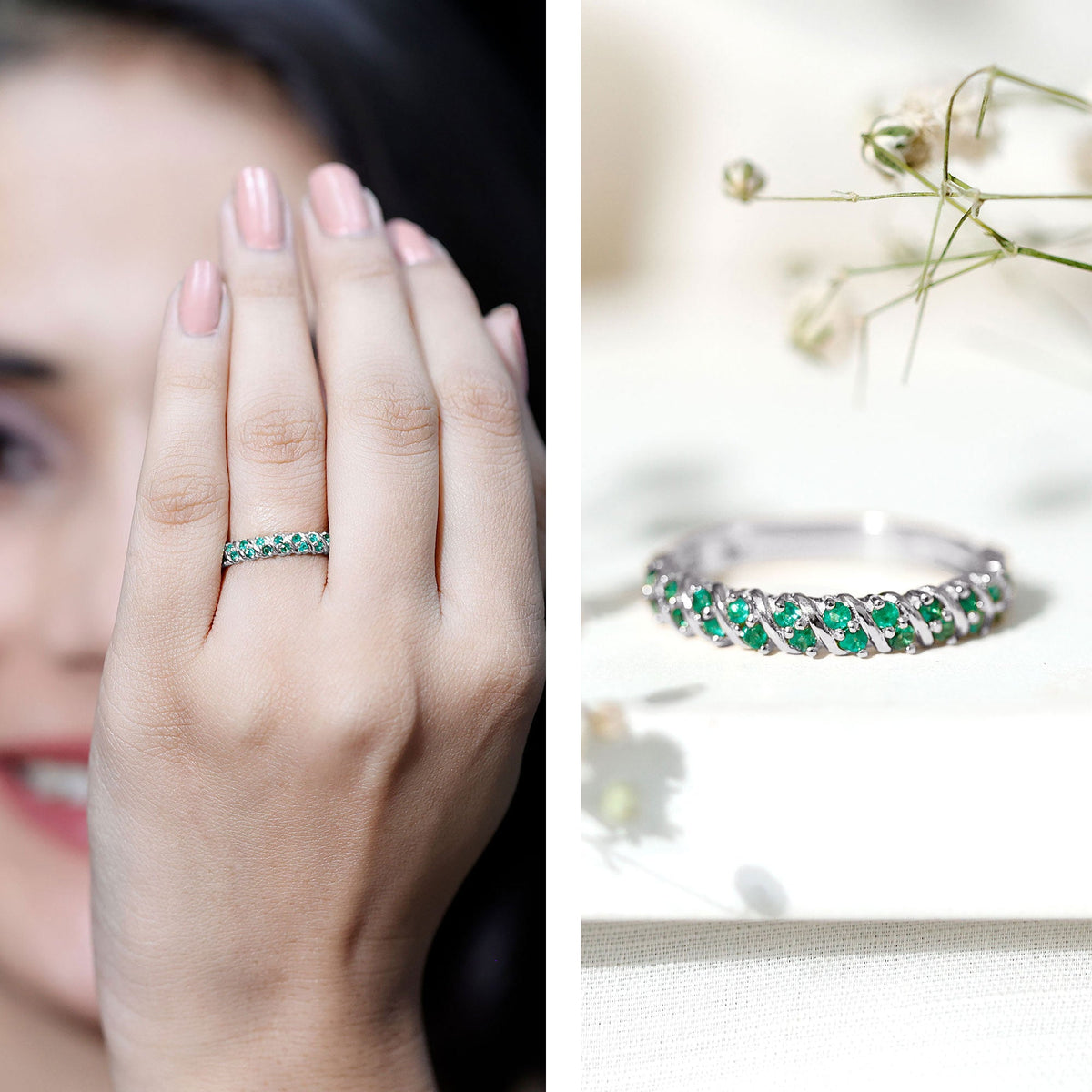 Half Eternity Wedding Band – Emerald Wedding Ring with AAA Quality Emeralds