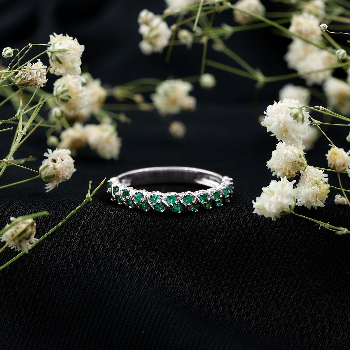 Half Eternity Wedding Band – Emerald Wedding Ring with AAA Quality Emeralds