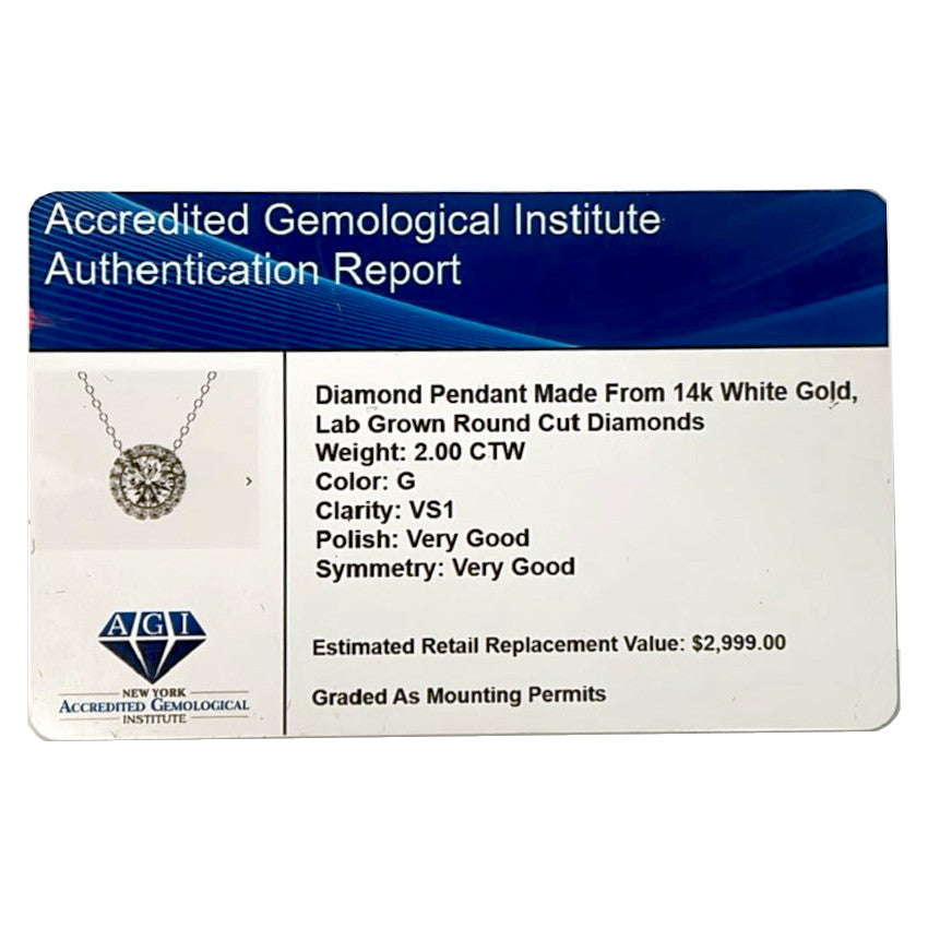 Lab Grown Diamond Necklace – 14kt Gold Jewelry Halo Pendant with AGI Certified Diamonds