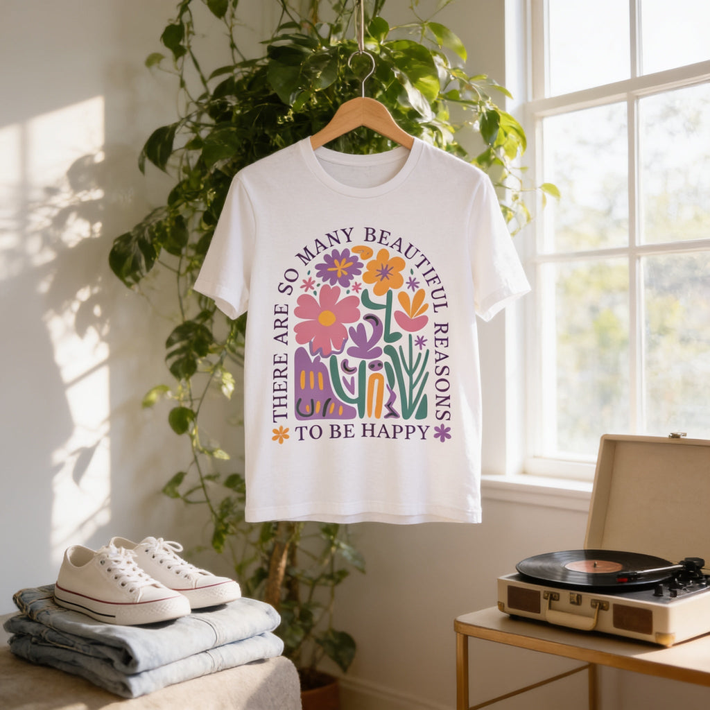 Happy Floral T-Shirt – Soft Cotton Tee | Uplifting Graphic Tee, Retro Floral Shirt - T-Shirt | Sunflower Soul Boutique