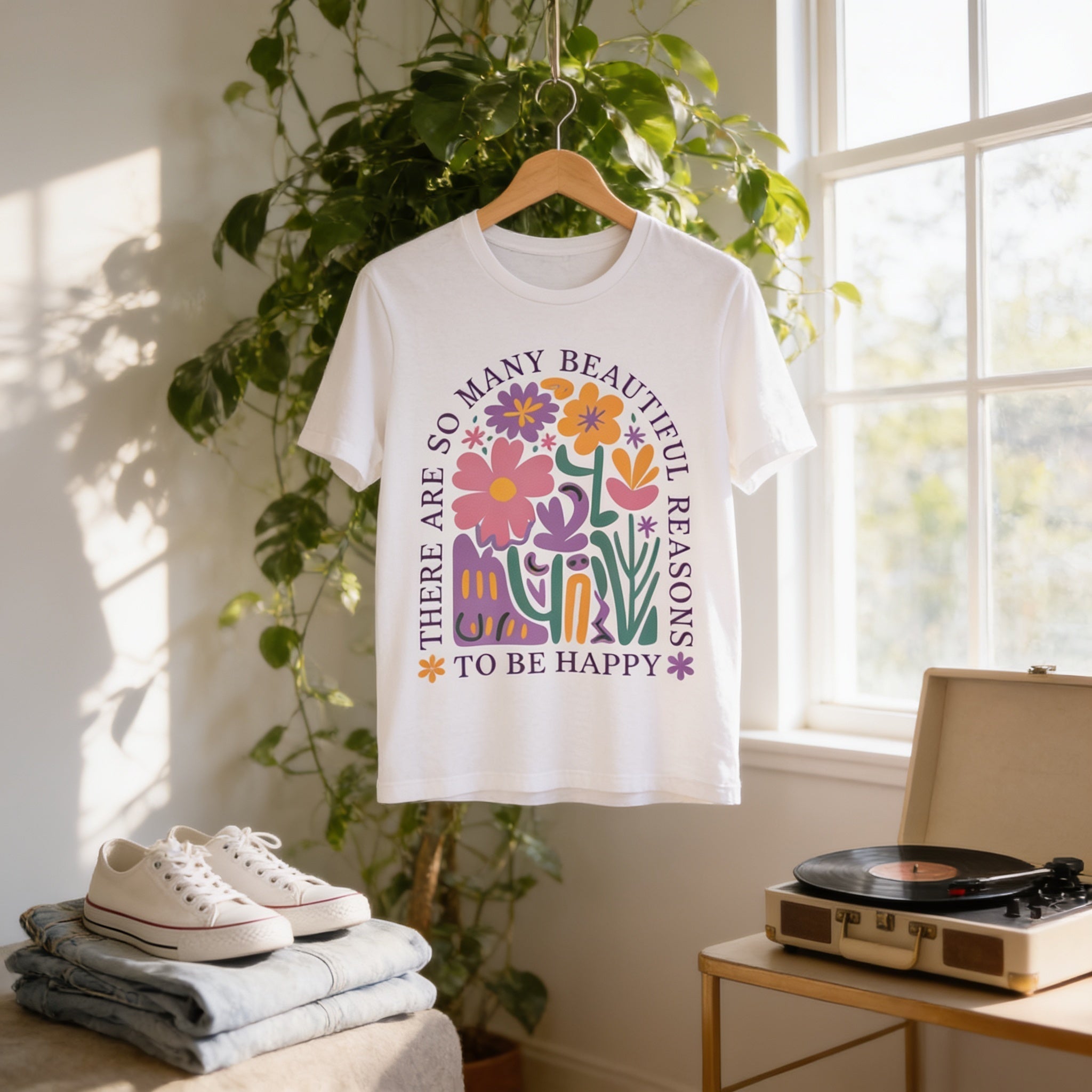 Happy Floral T-Shirt – Soft Cotton Tee | Uplifting Graphic Tee, Retro Floral Shirt - T-Shirt | Sunflower Soul Boutique