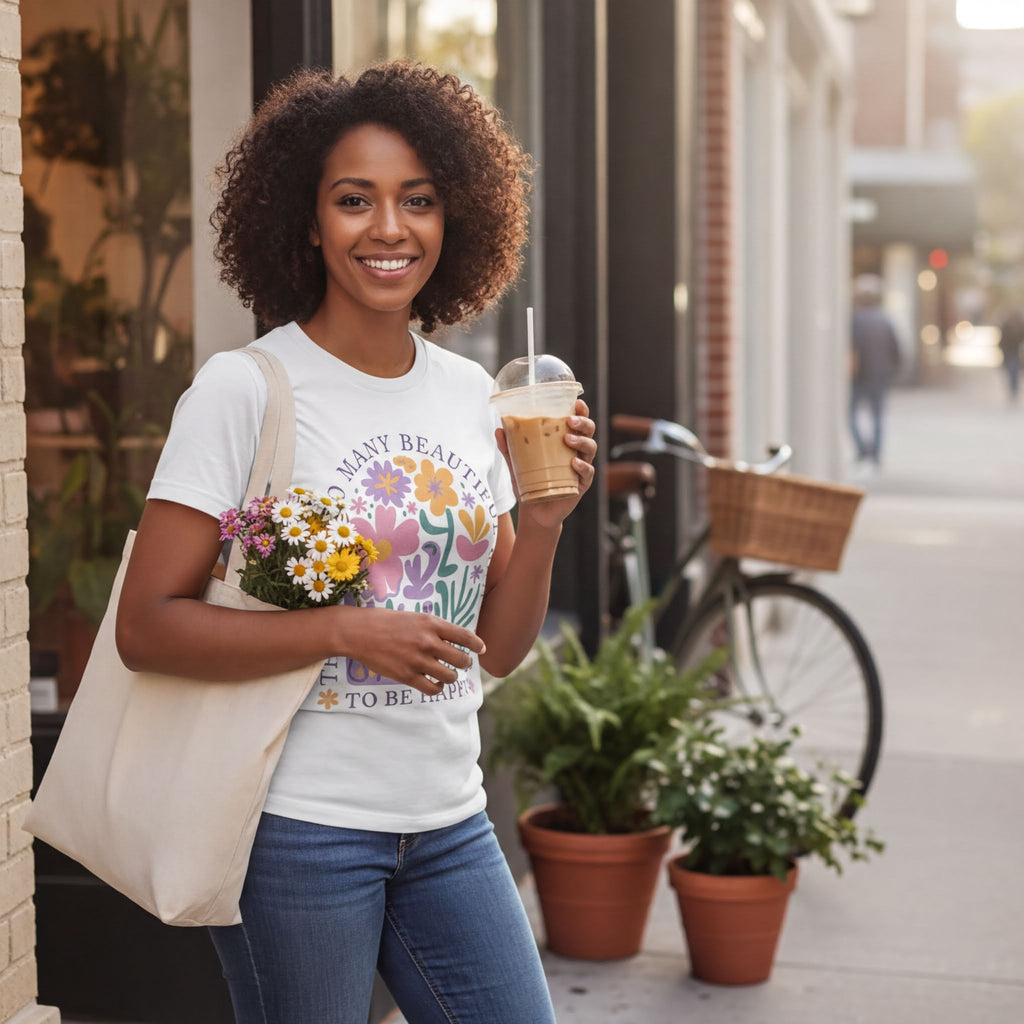 Happy Floral T-Shirt – Soft Cotton Tee | Uplifting Graphic Tee, Retro Floral Shirt - T-Shirt | Sunflower Soul Boutique