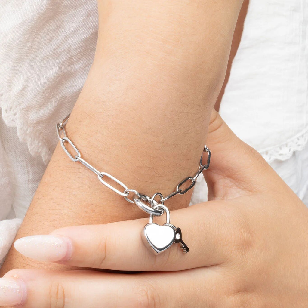 18K Gold PVD Stainless Steel Heart Lock and Key Charm- silver model 