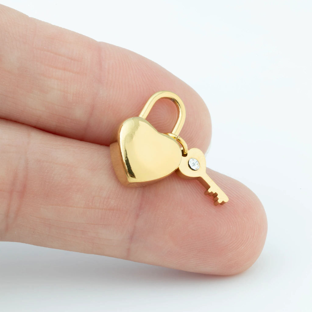 18K Gold PVD Stainless Steel Heart Lock and Key Charm- scale shot 