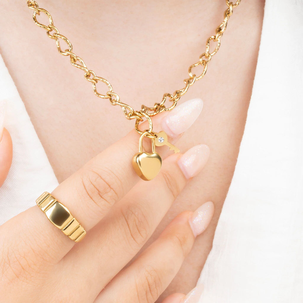18K Gold PVD Stainless Steel Heart Lock and Key Charm- gold model 