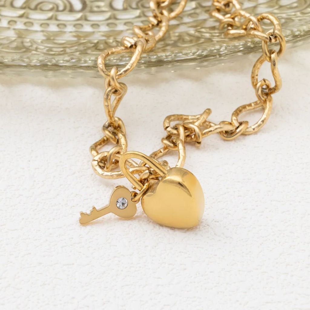 18K Gold PVD Stainless Steel Heart Lock and Key Charm- gold studio 